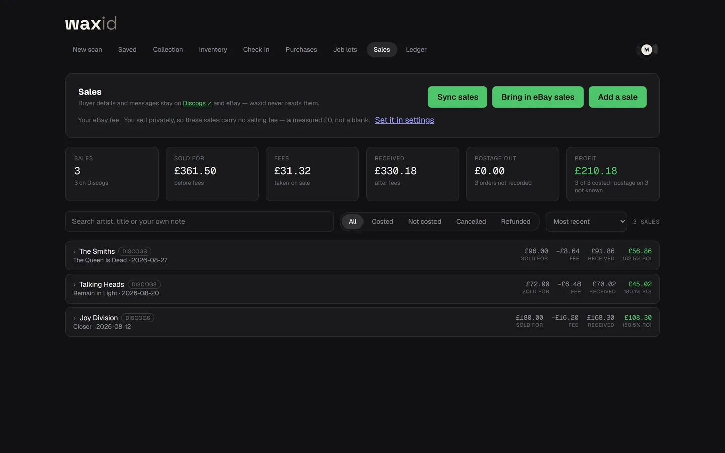 Record sales in WAXid, with fees and postage